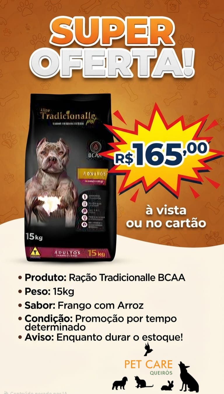 Ração Tradicionalle BCAA 15kg — oferta na PetCare Xingu